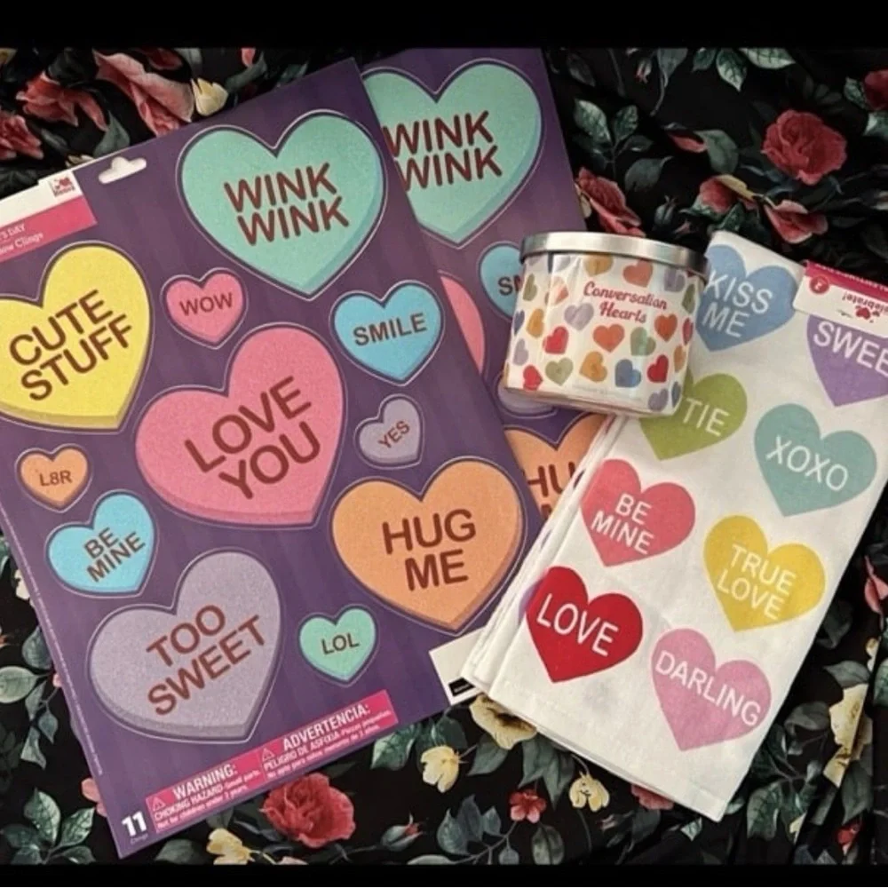 Vintage Conversation Heart string lights, soy candle, clings, & hand towel LOT